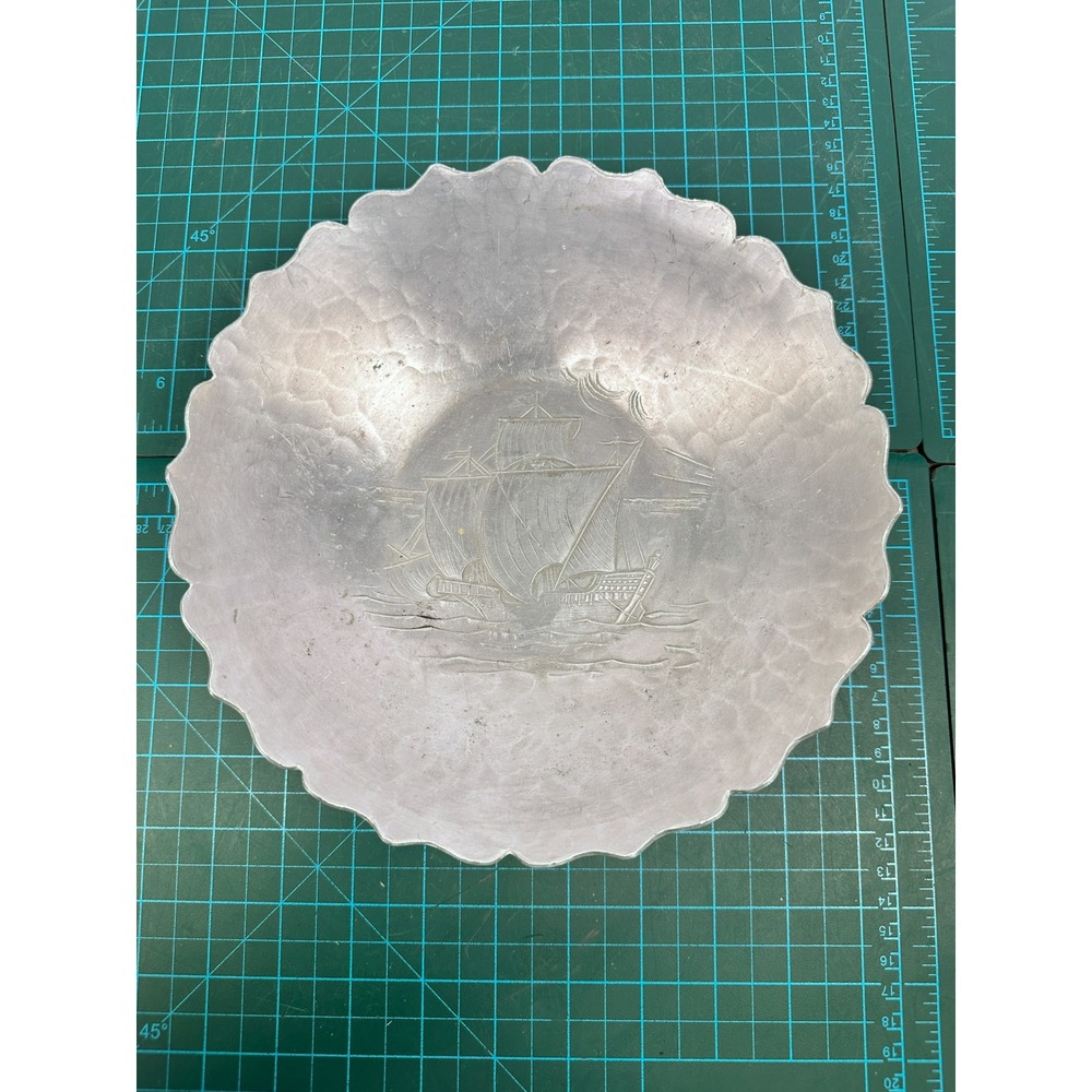 Vintage BW Wrought Aluminum Hammered Scalloped Bowl Embossed Sailing Ship 9 Inch